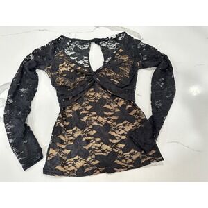 Black Floral Lace Top S Tan Lined Keyhole Back Cache L/S
